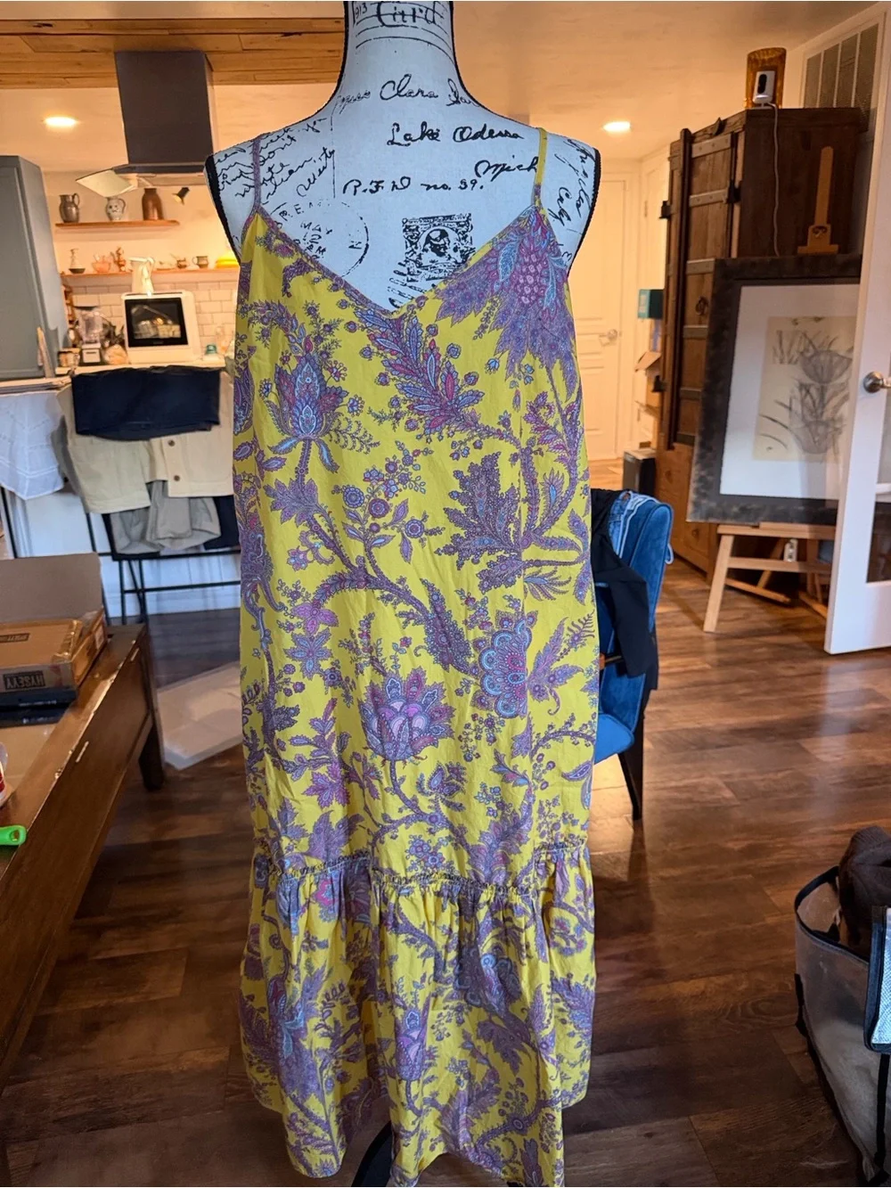 J. Crew Collection Midi Dress in Mustard Yellow with Pink & Purple Paisley